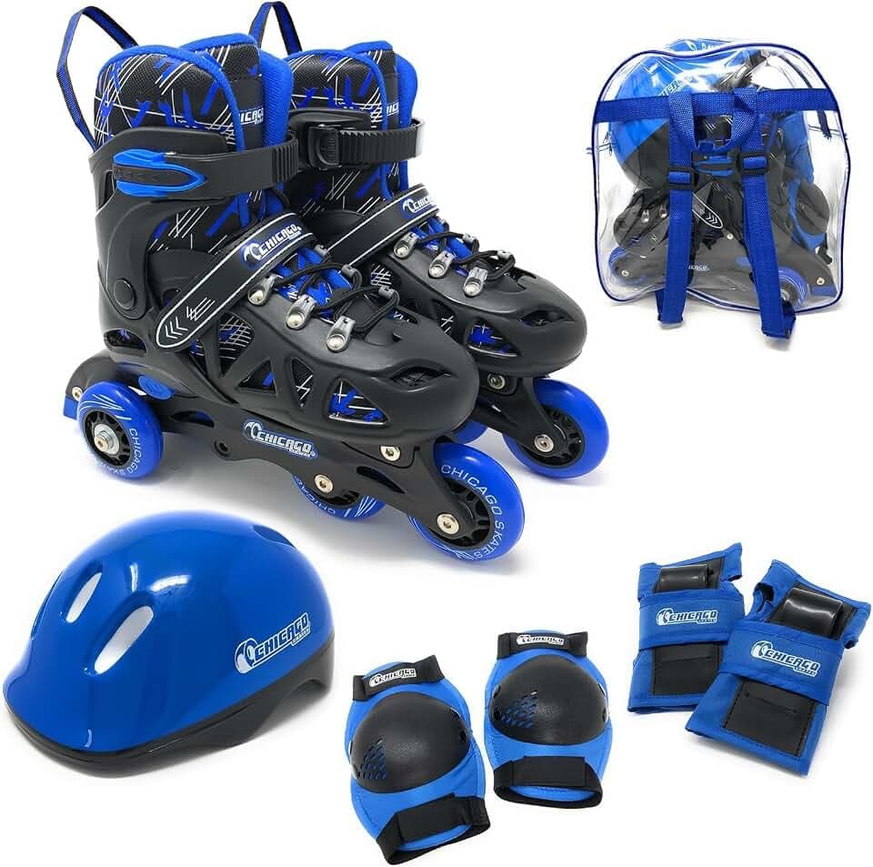 Chicago Inline Training Roller Skates with Protective Gear for Kids – Durable, Top Performance Roller Blades, Wrist Guards, Kneepads & Backpack, Padded High-Top Boots,64mm Wheels, Indoor/Outdoor Use