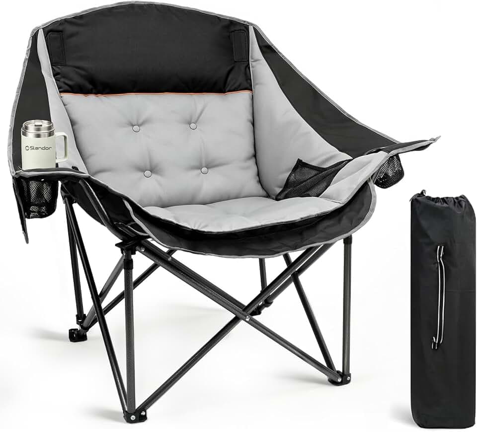 Suteck Folding Camping Chair, Oversized Heavy Duty Padded Chairs,Black Gray