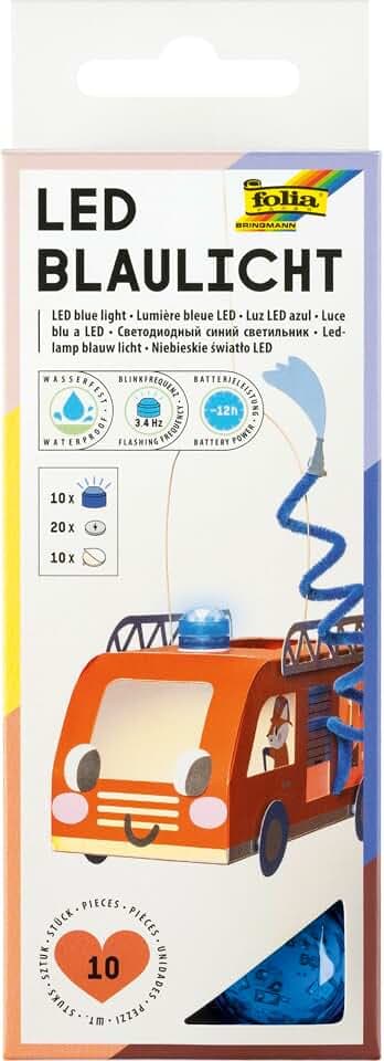 folia 989/10 - LED Blaulicht, 10 Stück mit ⌀ 3 x 2,3 cm, Blinkfrequenz von 3,4 Hz, wasserfest, Laufzeit von bis zu 12h, inkl. 20 Batterien und 10 Klebepads, Blau