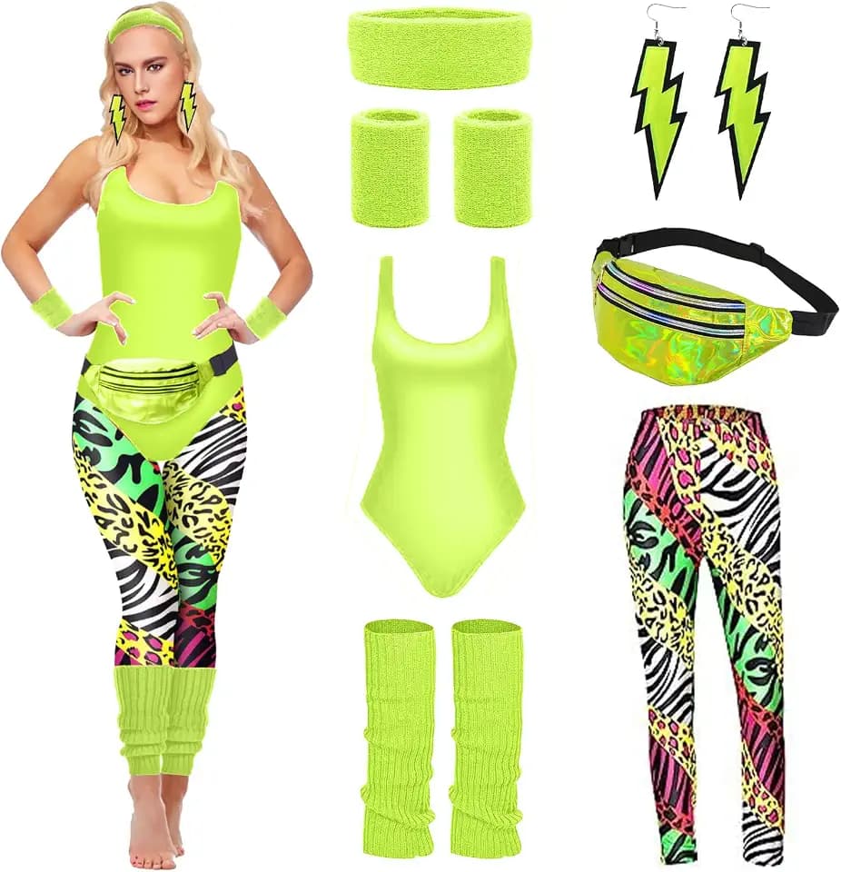 HIQE-FL 80er Jahre Accessoires Outfit Damen,Damen 80er Jahre Workout Kostüm,80er Jahre Outfit Damen 80er Jahre Accessoires,mit Bauchtasche,Stirnband, Beinwärmer,für Karneval,Fasching,Mottoparty