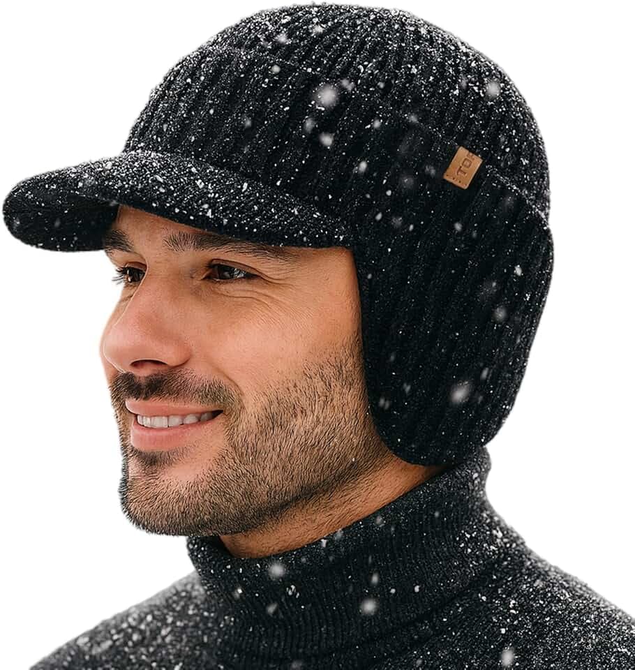 TOP-EX DryKnit Wasserdichte 80% Merinowolle, Schirmmütze für Herren, mit Ohrenklappen & Fleece gefüttert, Winter-Thermo-Golfvisier, Beanie-Mütze für kaltes Wetter, M-XXL