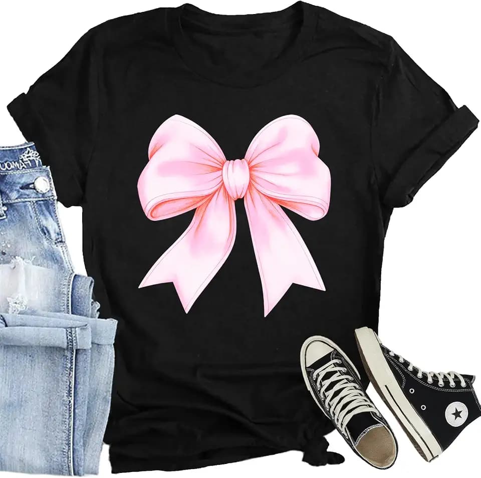 Bow Shirts for Women Cute Pink Bowknot Ribbon Girly Aesthetic T-Shirts