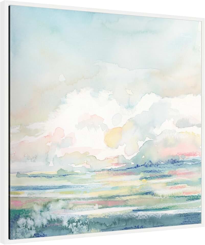Kate and Laurel Sylvie Stillness Framed Canvas Wall Art by Julie Maida 30 x 30 White, Modern Contemporary Coastal, Neutral Landscape, Nature Art for Wall Decor, Living Room, Bedroom, Office
