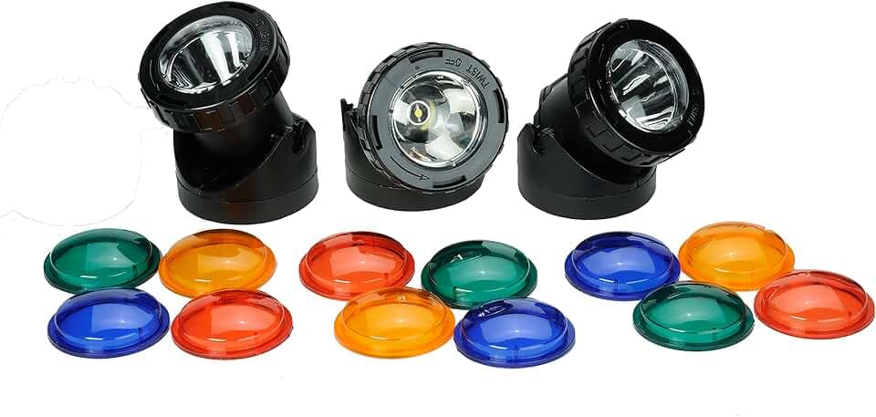 TotalPond Pond and Landscape LED Light Set, 3-Light Pack, for in & Out of Water, 12pc Color Lenses, Easy Install, 3W LED Spotlights, Waterproof, Dusk-to-Dawn Sensor, 10 ft. Power Cord
