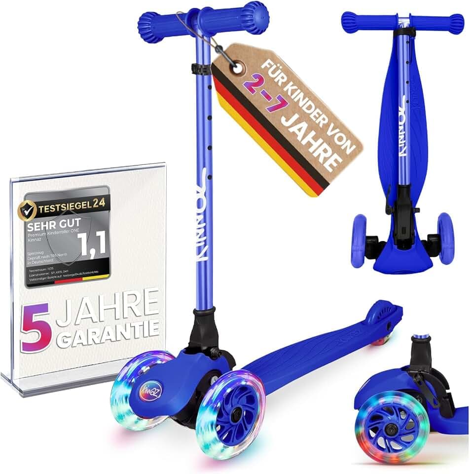 Kinderroller kinnaz ONE, 2-7 Jahre, LED Räder, Faltbar, Mitwachsend, Höhe einstellbar, Diebstahlschutz, abgerundete Kanten,Roller für Kinder Bremse mit Griffschutz, erweiterer Service, aus Hamburg