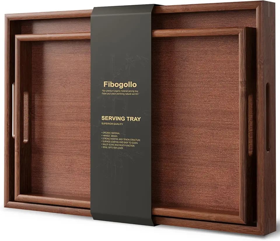 Fibogollo 2er Set Bambus Serviertablett, Deko Tablett Serviertabletts mit Griffen,Groß Küchentablett Servierplatten für Frühstück Geschirr Getränke(Braun)