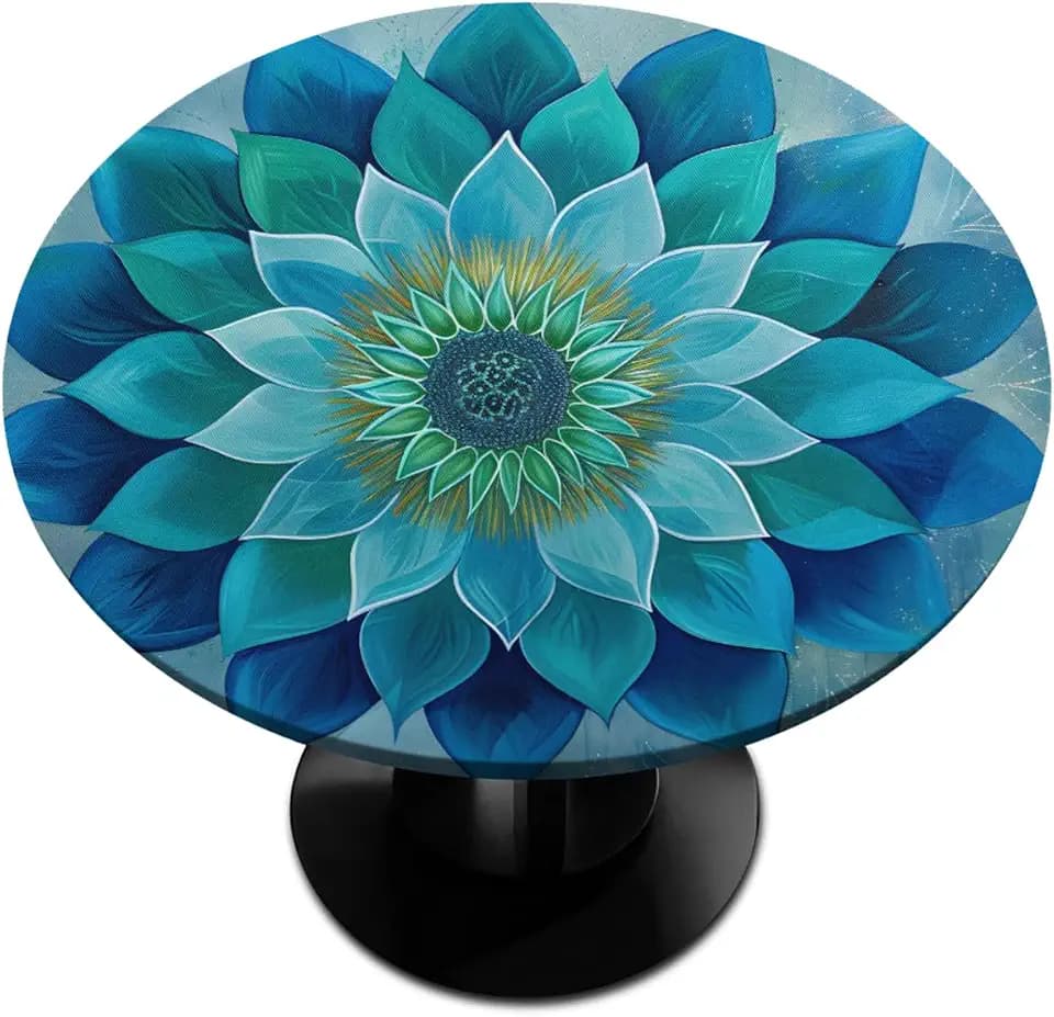 Pardick Teal Flower Round Fitted Tablecloth Mandala Floral Round Table Cover with Elastic Waterproof Wipeable Circle Outdoor Table Cloths for Party Patio Kitchen Decor Fit 45"-50" Tables Pad