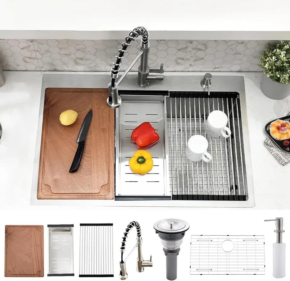 33x22 Drop In Kitchen Sink with Faucet, 33 Inch Stainless Steel Workstation Sink Commercial Top Mount Round Corner Handmade Deep Single Bowl Kitchen Sinks with Accessories