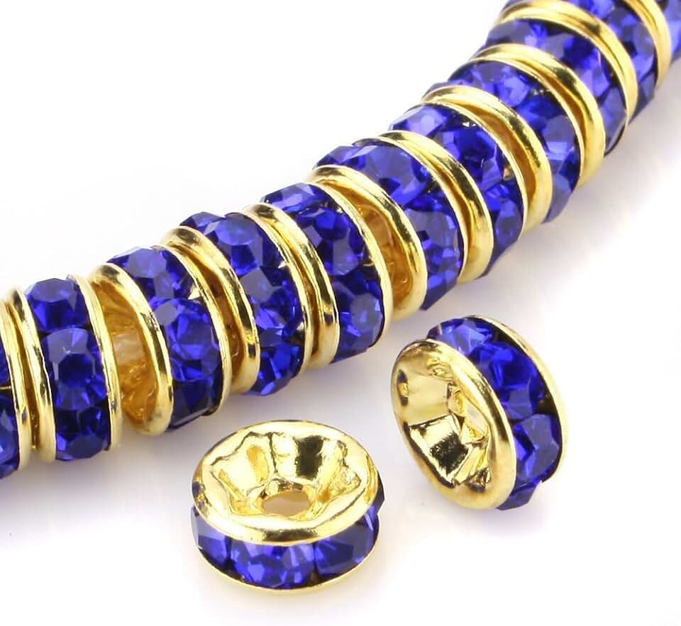 RUBYCA 100pcs Round Rondelle Spacer Bead Gold Tone 10mm Royal Blue Czech Crystal