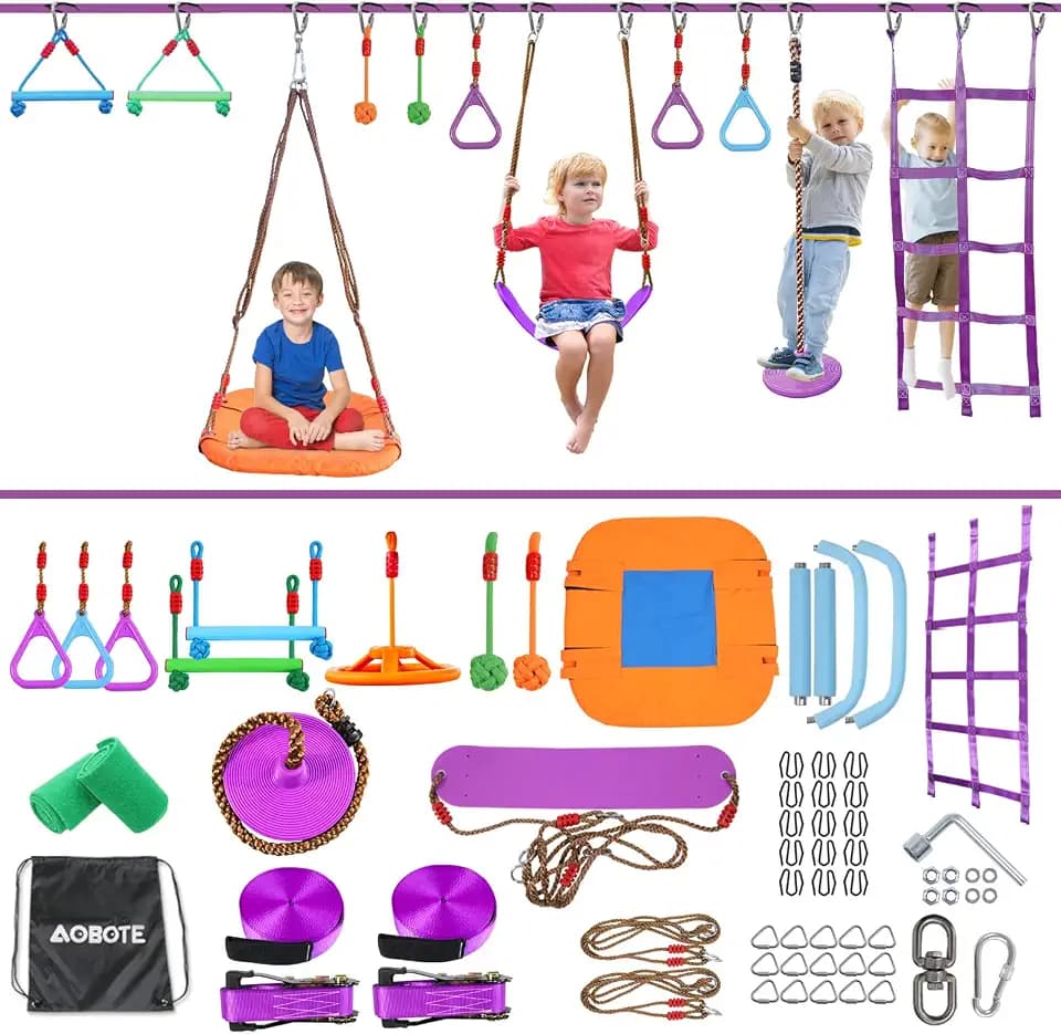 AOBOTE Ninja Warrior Obstacle Course for Kids,2x56ft Slackline with 12 Accessories,Saucer Swing with 360 Degree Rotating Wheel,Ninja Course for Kids Outside(AB010001-3)