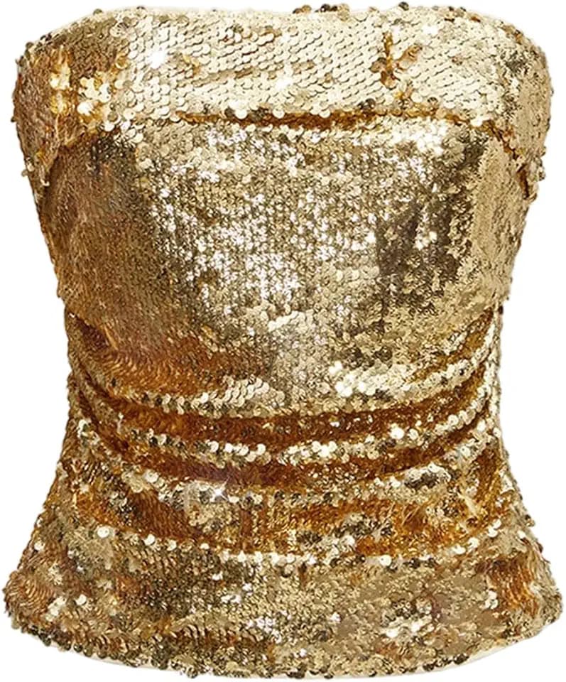 MakeMeChic Women's Metallic Sequin Strapless Tube Top Sparkly Ruched Party Night Out Crop Tops