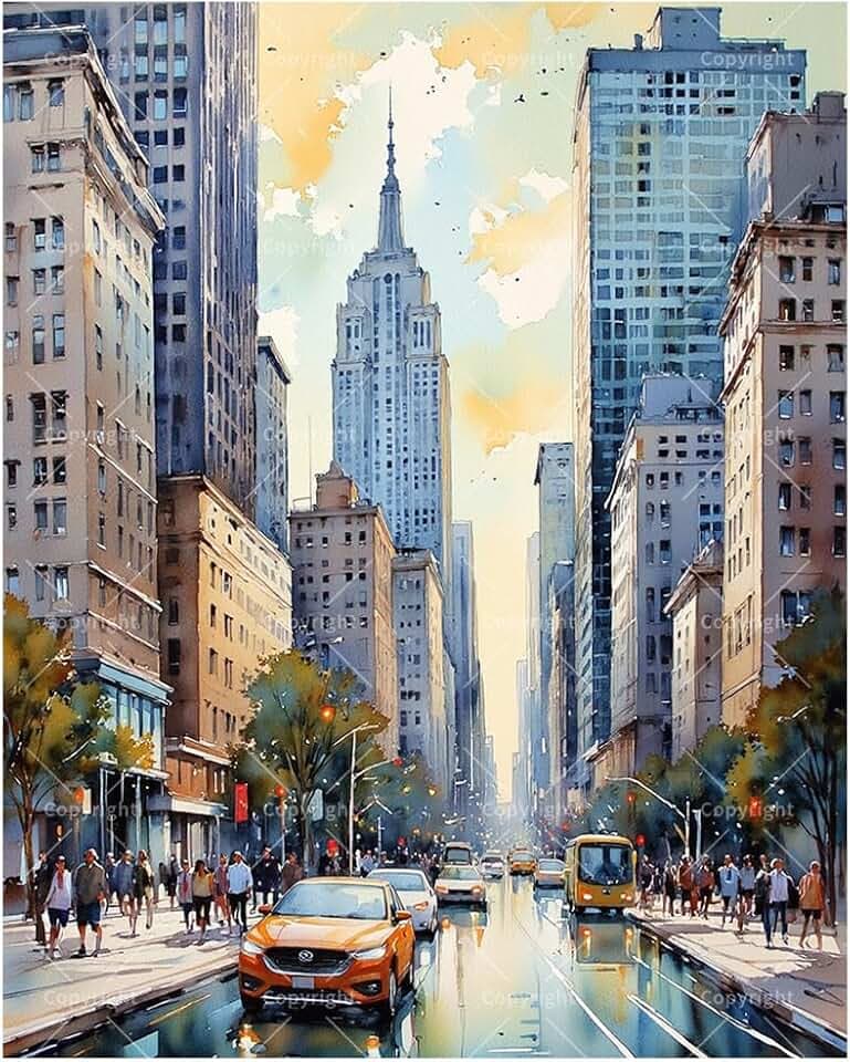New York Cityscape Paint by Numbers Kit for Adults - DIY Urban Street with Empire State Building Painting on Canvas, Acrylic Paint Set for Beginners, Home Decoration Art or Gifts(12X16IN Framed)