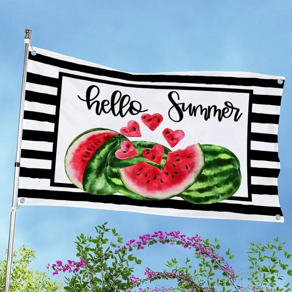 Baccessor Hello Summer Watermelon 3 X 5 FT Flag Double Sided Black Stripes Watermelon Fruit Cool Summer Large Big Yard Flag Seasonal Holiday Outdoor Outside Decoration