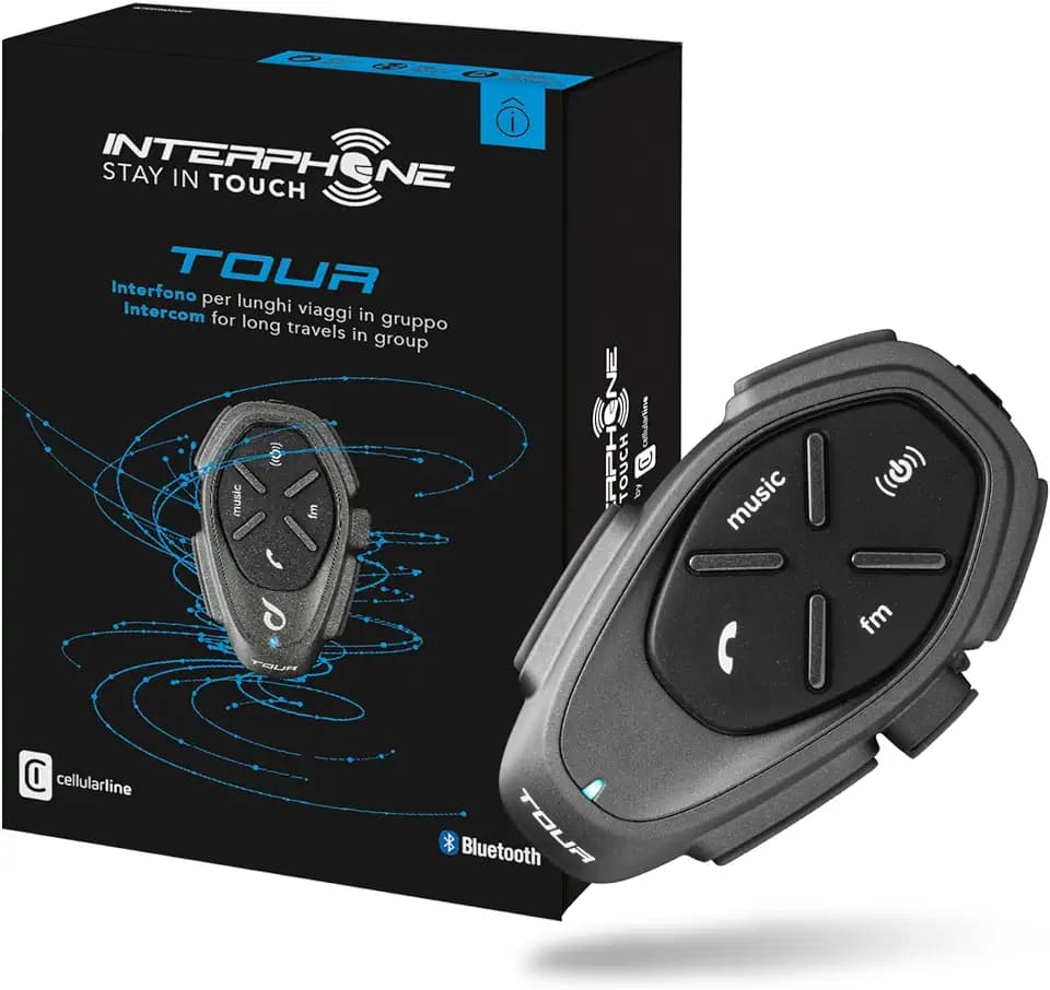 Interphone Tour - Einzelpack - Bluetooth-Kommunikationssystem für Motorräder - Bis zu 4 Reiters, 1,5Km Reichweite - 25 Std Sprechzeit Fastcharge - Radio - GPS - MP3 - Waterproof IP67