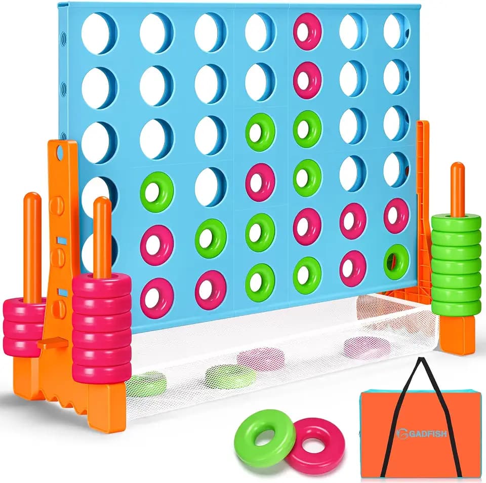 GADFISH Giant 4 in A Row - 2.6 FT Tall Outdoor 4 in A Row Perfect for Indoor & Outdoor Use, 4-to-Score Giant Game Set for Kids & Adults, with 42 Jumbo Rings & Quick-Release Slider (Blue & Orange)