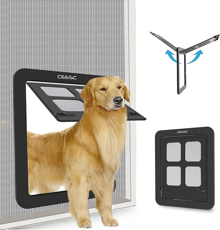 CEESC Dog Screen Door (Outer Size 14.56" x 16.92"), Lockable Pet Screen Door for Dogs & Doggie, Doggie Door for Screen Door(Large, Black)