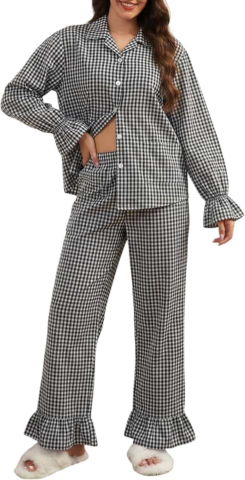 Wyeysyt Women's Cotton Pajamas Gingham Set 2 Piece Ruffle Pajama Sets