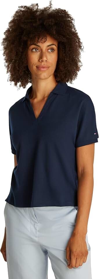 Tommy Hilfiger Damen Poloshirt Kurzarm Lyocell Relaxed ohne Knopfleiste