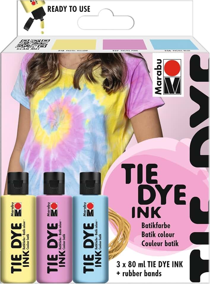 Marabu TIE DYE INK Batikfarben Set Pastell, 3 x 80 ml Farbe auf Wasserbasis, inkl. Gummibänder, strahlende Batikfarbe für helle Textilien bis 20% Kunstfaseranteil, 1730000000201