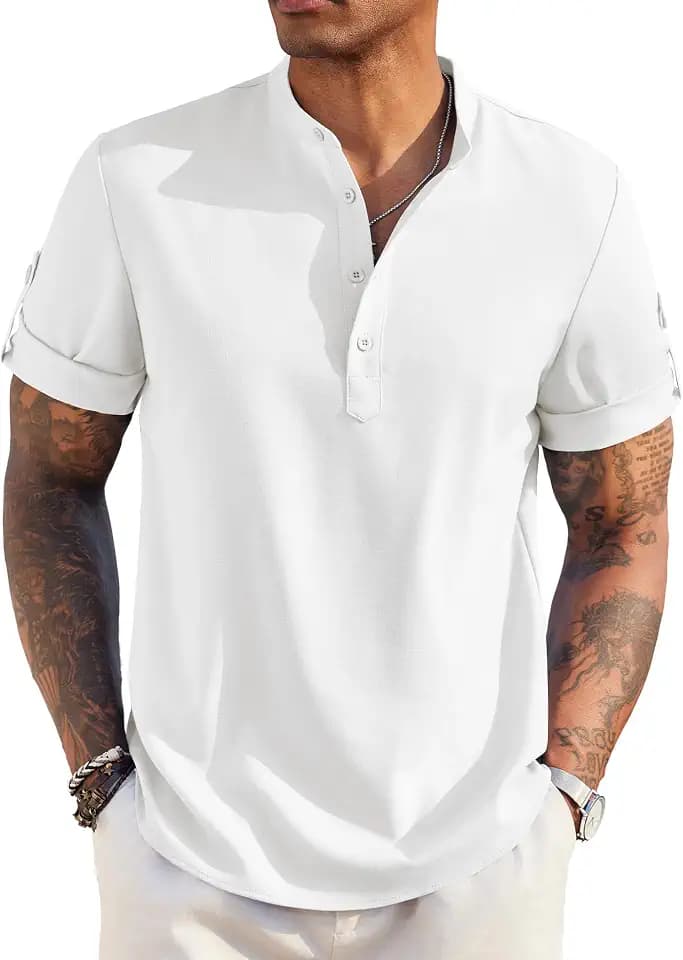 COOFANDY Men's Casual Henley Shirt Short Sleeve Linen Shirt Summer T-Shirts