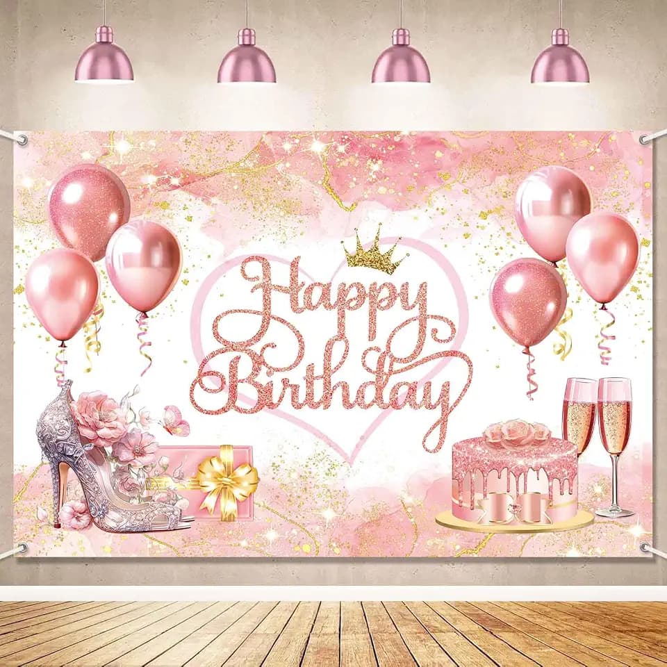 Rose Gold Happy Birthday Backdrop Banner Pink Rose Gold Birthday Party Decorations for Women Girls Large Balloons High Heels Photo Background Wall Decor 5x3ft