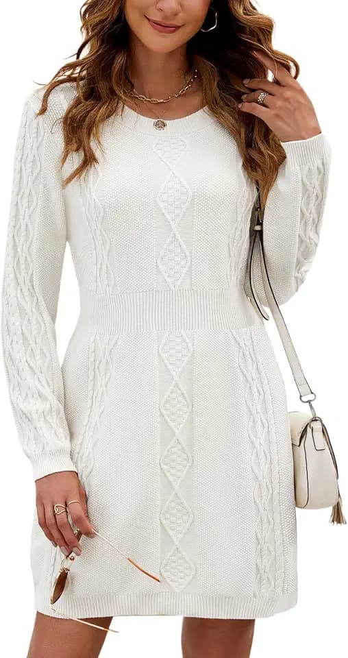 Strickkleid Damen Pulloverkleid Kleider Elegant Winterkleider Kleid Langarm Rundhals Herbstkleid A Linie Lässig Pullikleid für Herbst Winter Einfarbig Weich Warm Strickpullover(Weiß,S)