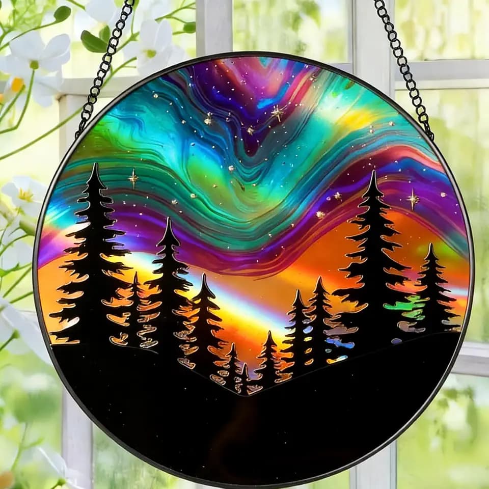 Aurora Forest Stained Glass Suncatcher – Northern Lights Window Hanging, Handmade Round Sun Catcher for Bedroom, Meditation Room, Nature Lover Gift & Winter Home Decor
