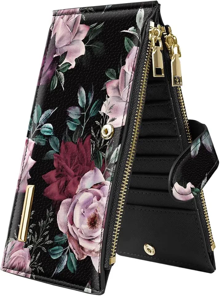 Coco Rossi Wallet Women Large Size Bifold Multi Card Wallets RFID Blocking Billfold Credit Card Holder Case Long Purse with Double Zippers, Dark Roses