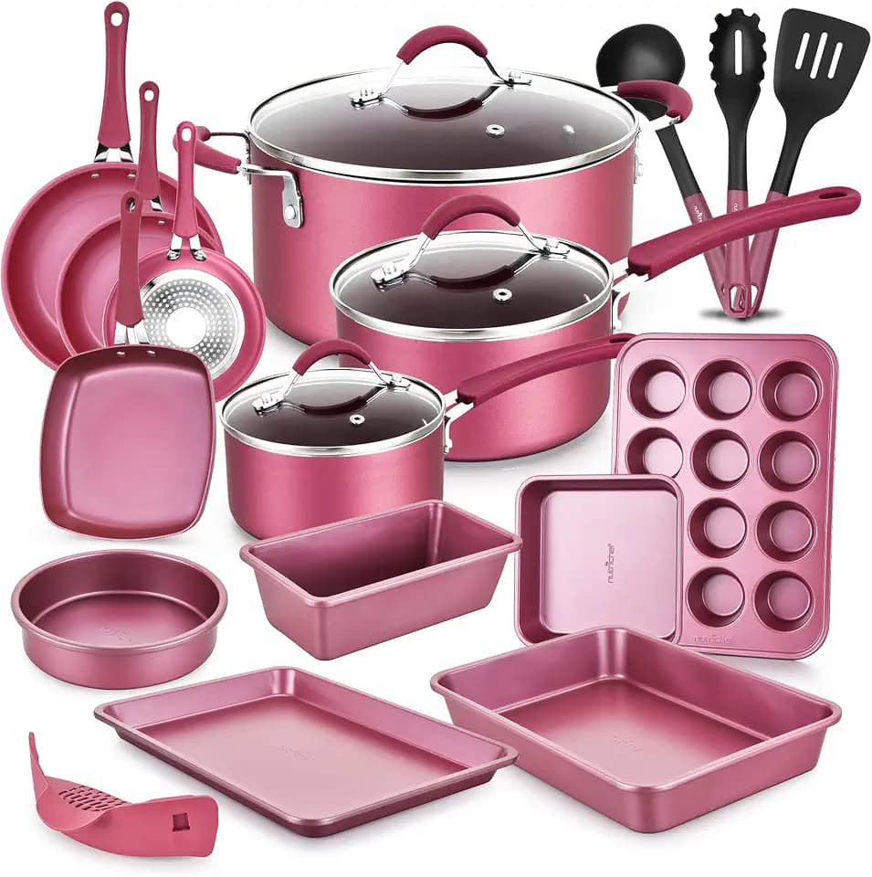 NutriChef Metallisches Antihaft-Keramik-Kochgeschirr-Set mit Deckel und Utensilien, 20-teiliges Set, Marron Pink