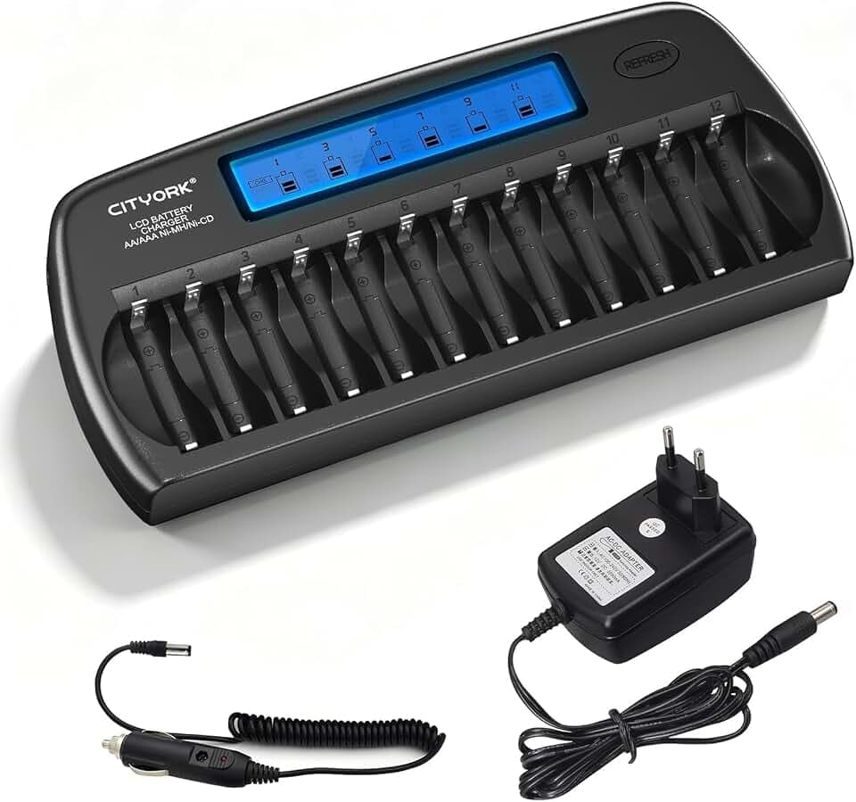 CITYORK AA AAA Akku Ladegerät 12 Slots, LCD Batterie ladegerät für AA/AAA NI-MH NI-CD Wiederaufladbar Batterien mit Entladung sowie integriertem IC-Schutz und Netzteil