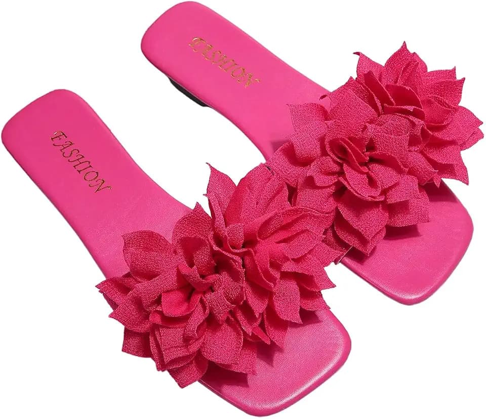 BEAUDRM Women's 3D Floral Flat Sandals Dressy Square Open Toe Sandals Single Band Casual Slip on Slides