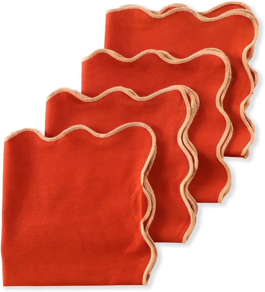 Scalloped Cloth Napkins, 100% Cotton Dinner Napkins, Embroidered Wavy Edges, 18"x18" Reusable Linen for Thanksgiving, Christmas, Fall & Weddings, 4 Pack, Burnt Orange with Apricot Trim