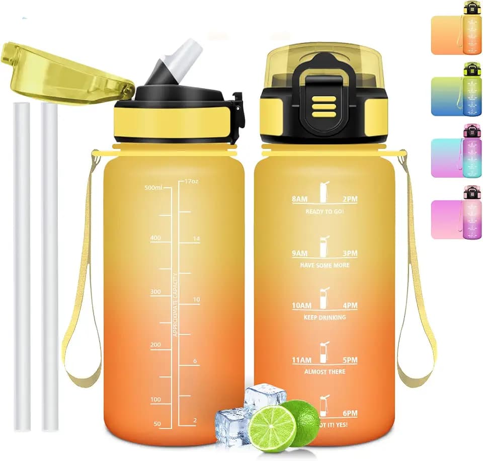 Trinkflasche 500 ml, Auslaufsicher, Wasserflasche BPA-Frei, Motivierende mit Zeitmarkierung, Trinkflasche mit Strohhalm Gelb & Orange