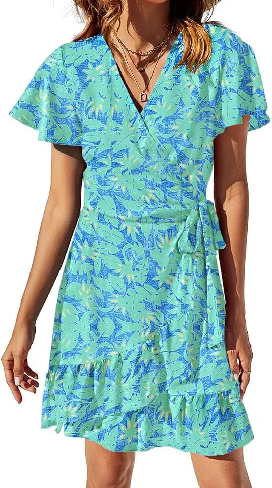 Naggoo Women's Summer Wrap Dresses V Neck Polka Dot Print Ruffle Short Sleeve Mini Floral Boho Dress with Belt