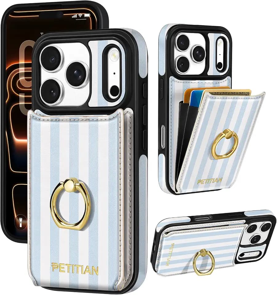 Petitian for iPhone 18 Pro Max/17 Pro Max Wallet Case, Blue White Stripes