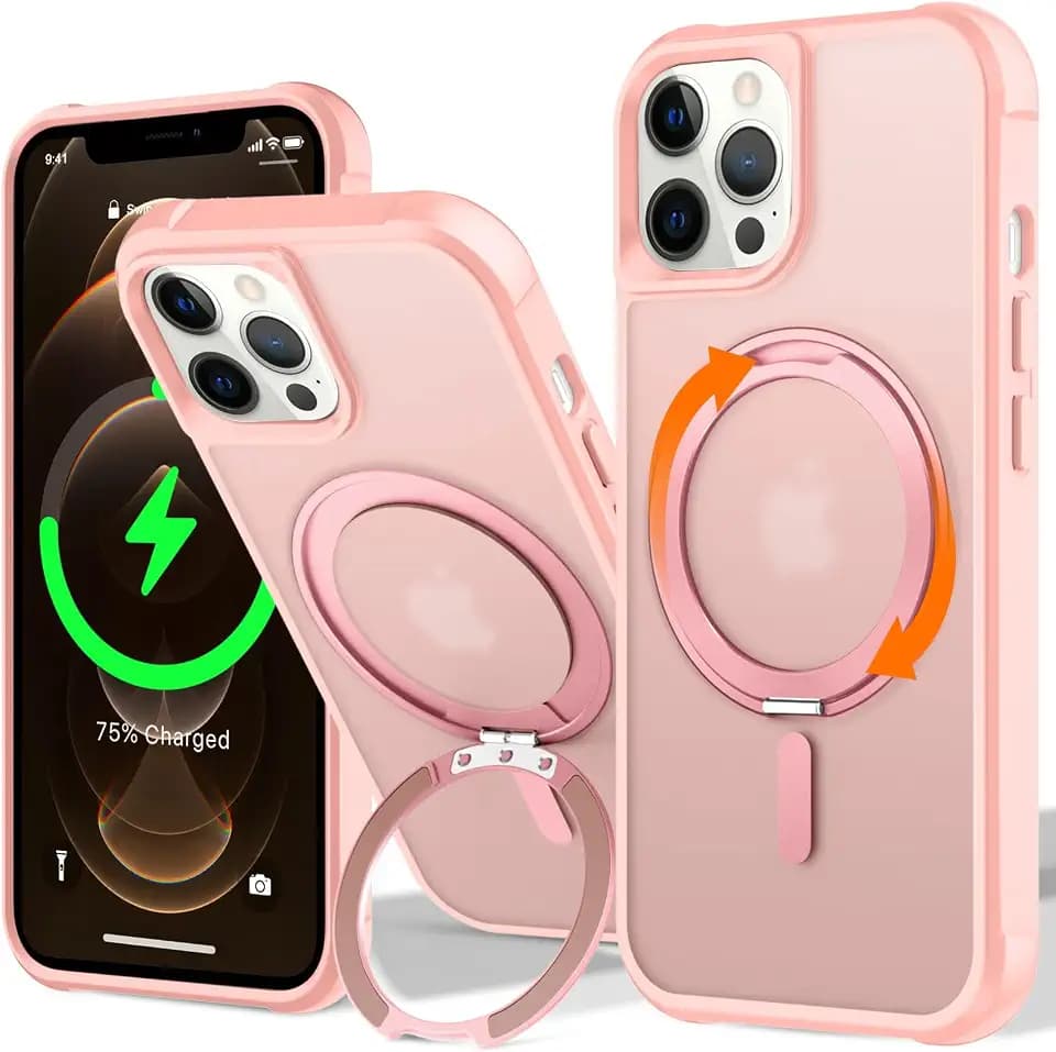 for iPhone 12/12 Pro Case with 360° Rotatable Stand, Pink