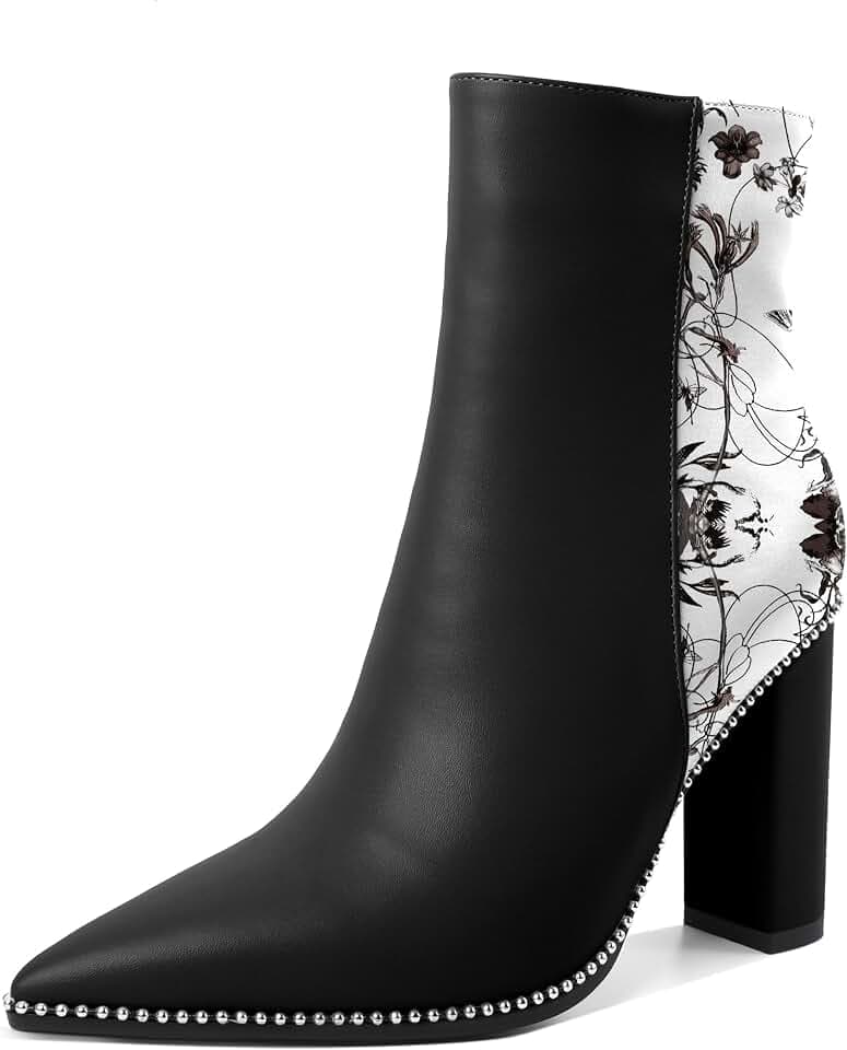 Eldof Womens Pointed Toe Beaded Chunky Ankle Boots Side Zipper 3.5 Inches
