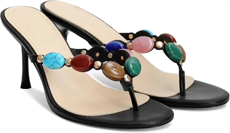 Jeweled Flip Flop Kitten Heels for Women Open Toe Beaded Strappy High Heels Sandals Slip On Thong Heeled Mules Mid Heel Fashion Party Dress Shoes