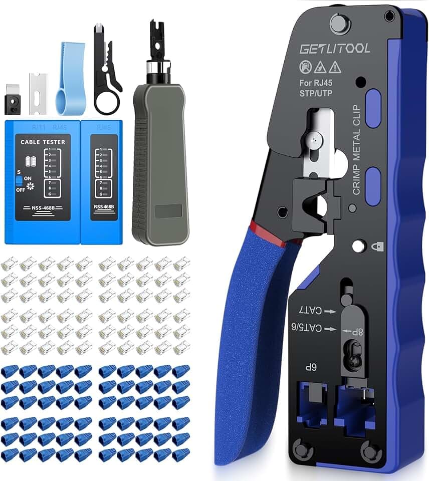 GETLITOOL Netzwerk Werkzeug Set, RJ45 Crimpzange Cat5e/6/6A/7 mit 60 x RJ45 Stecker Cat6 Pass Through, Netzwerktester, LSA-Auflegewerkzeug, RJ45/RJ11/RJ12 Presszange Schneiden/Abisolieren/Crimpen