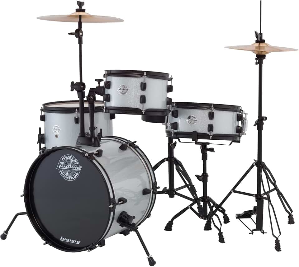 Ludwig Pocket Kit von Questlove | All-in-One-Schlagzeug für Einsteiger | Mit 4 Trommeln, Hi-Hats, Crash/Ride-Becken, Pedalen, Hocker und Drumsticks | Lackierung White Sparkle (LC178X029)