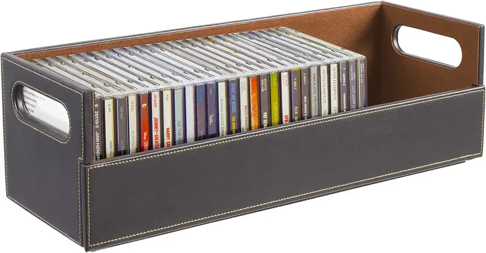 Stock Your Home CD Storage Box, Organizer Shelf for Movie Cases, DVDs, Cassette Tape Display Stand, Disc Holder Can Store Up to 40 CDs, Faux Leather (Brown)