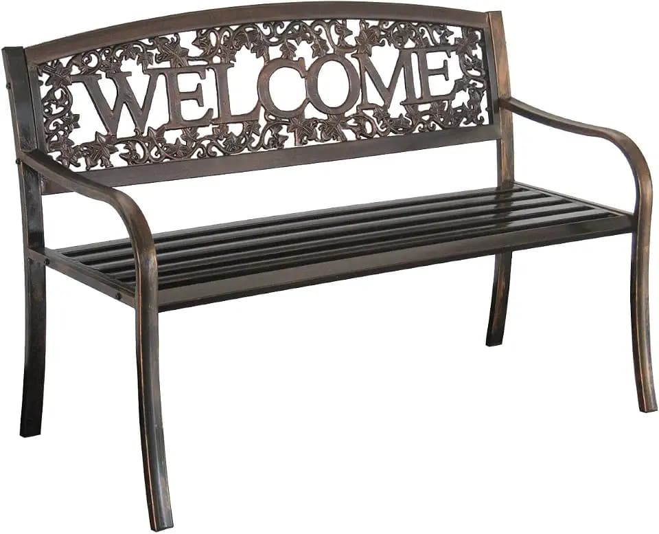 Leigh Country Metal Outdoor Bench, Welcome Design, Decorative Patio Seating for Porch/Deck