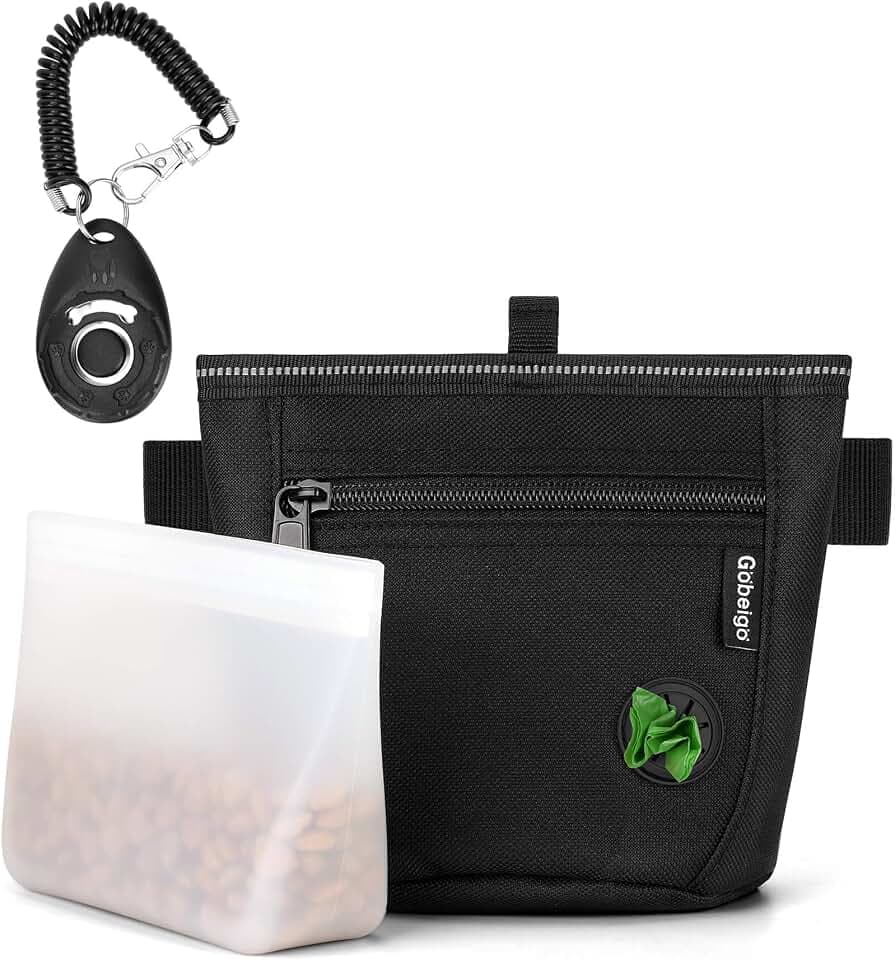 Gobeigo【Version mit Silikon-Einsatz】Hundeleckerli-Beutel mit Trainings-Clicker, 2-facher Magnetverschluss, 2 Tassen Bauchtasche für Spaziergänge mit Kotbeutelspender, Metallgürtelclip und Hüftgurt (S)