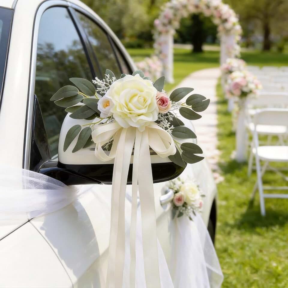 2Stk Autoschmuck Hochzeit Blumen, Auto Deko Hochzeit Künstliche Weiße Rosen