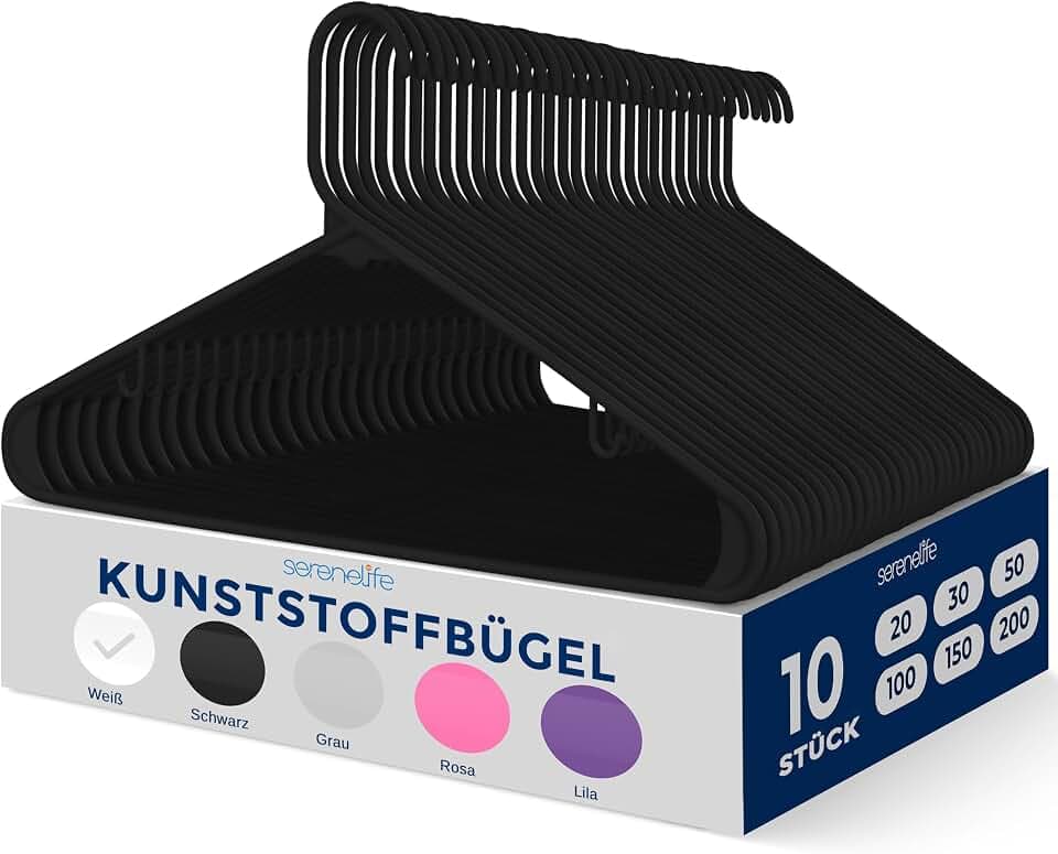 SereneLife Platzstparende Kleiderbügel Schwarz 10 Stück, Gardarobenbügel rutschfest aus Kunststoff für Kleideraufbewahrung & Organisation, Hanger Ultradünn & Robust für Hosen, Röcke, Hemden & Mäntel