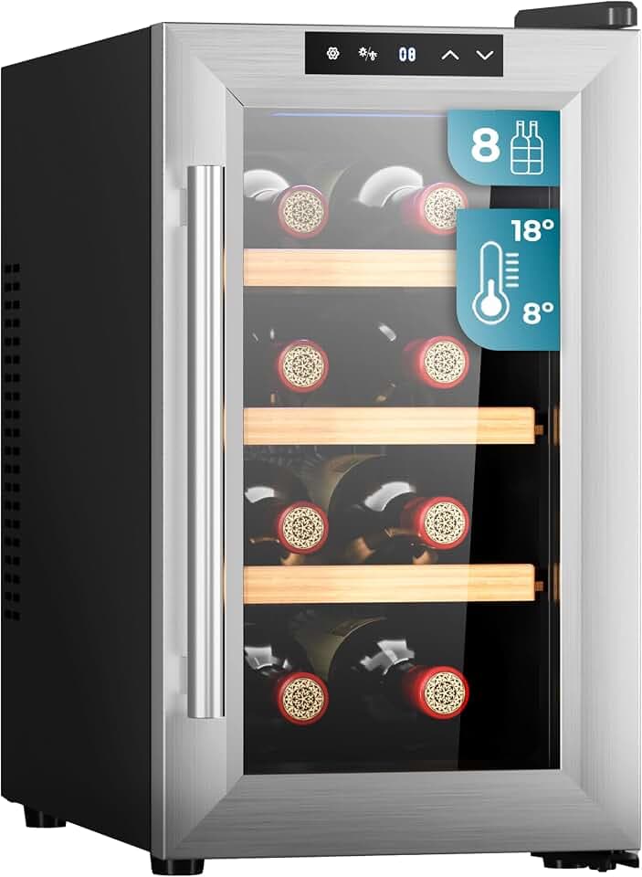 Cecotec Weinregal 8 Flaschen Bolero GrandSommelier 830 CoolWood, Thermoelektrisch, Geräuscharm und hohe Leistung, Einstellbare Temperatur: 8-18ºC, Touch-Steuerfeld, Anzeigen.