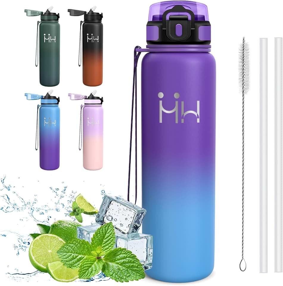 Thermosflasche, Trinkflasche 1l, BPA-Frei, Trinkflasche Sport, mit Strohhalm, Auslaufsicher, Wasserflasche Doppelwandige, Wasserflasche mit Strohhalmbürste, für Wandern, Training, Fitness