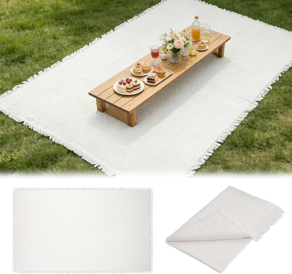 YEXEXINM Extra Large Outdoor Picnic Blanket 118" x 71" Oversize Woven Cotton Yarn Beach Blanket with Fringe, Machine Washable Portable Blanket for Camping, Beach, Park, Fits 6 to 9 Adults (White)