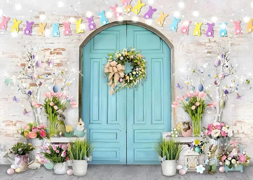 Easter Backdrop 10x8ft Vintage Brick Wall Floral Spring Bunny Tulip Easter Eggs Background Baby Shower Kids Party Supplies Banner Photo Booth Props, Vinyl Material, Multi Color