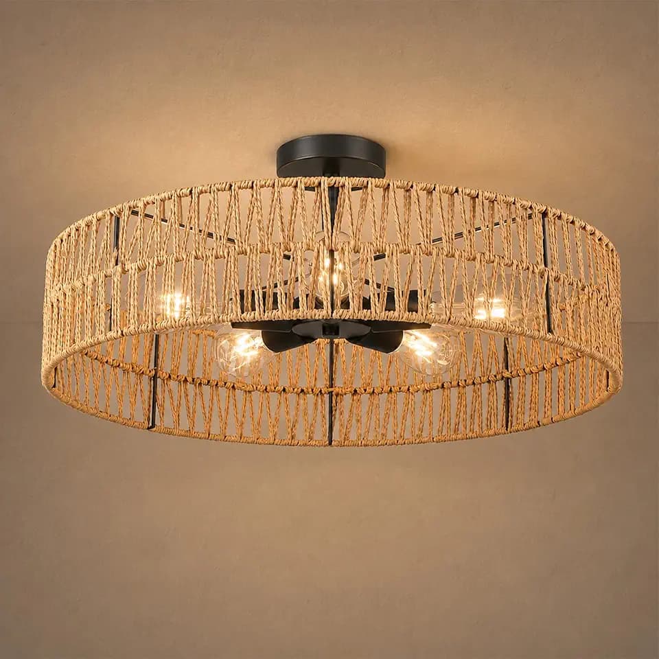 Hamilyeah 24 inch Rattan Boho Flush Mount Ceiling Light Fixture with 5 Light,Woven Light Fixtures Ceiling Mount for Living Room, Bedroom, Kitchen